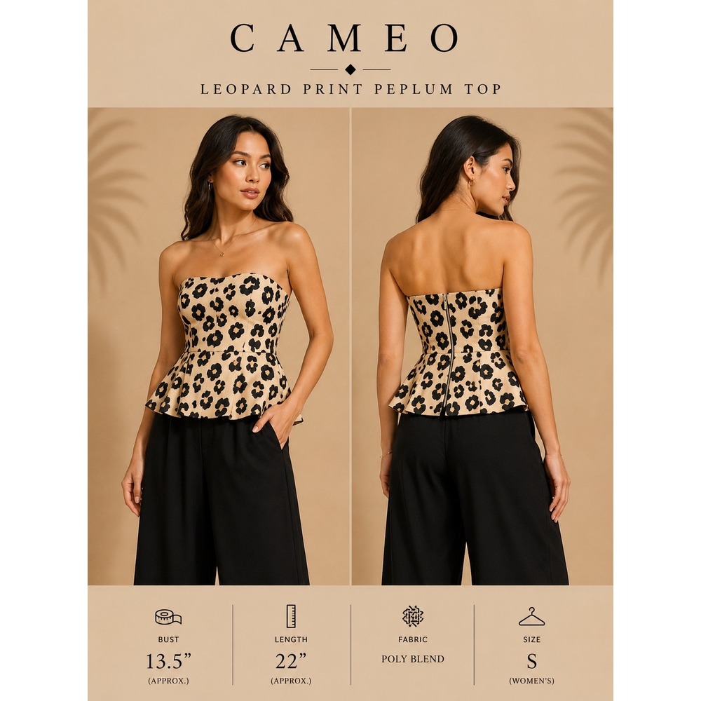 Cameo Leopard Print Strapless Peplum Top Tan Black V-Neck Size S